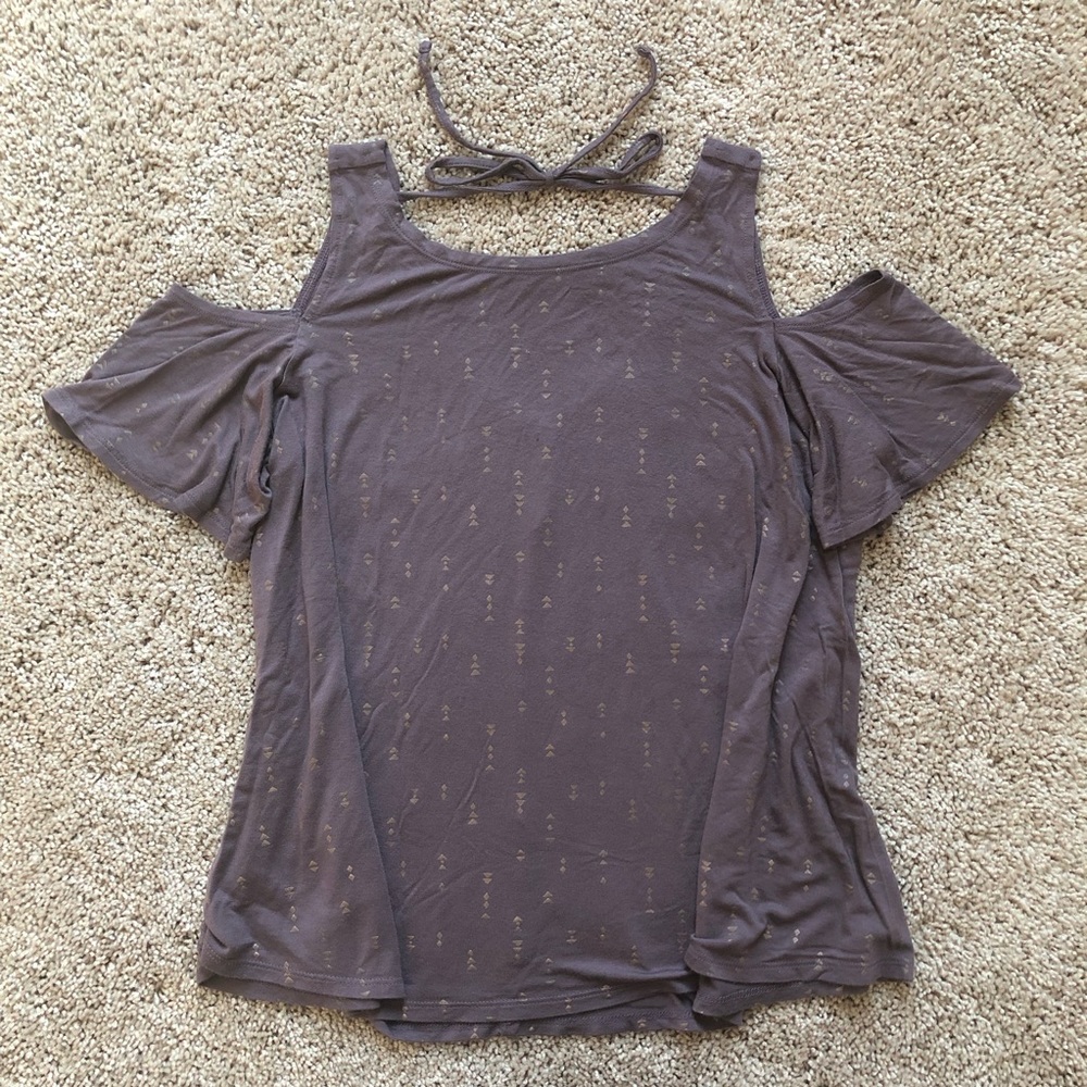 Taupe cold shoulder top with gold arrow details